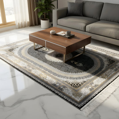 Ornamental rug “Lara” in a living room: dark oval, gold border, and fringe