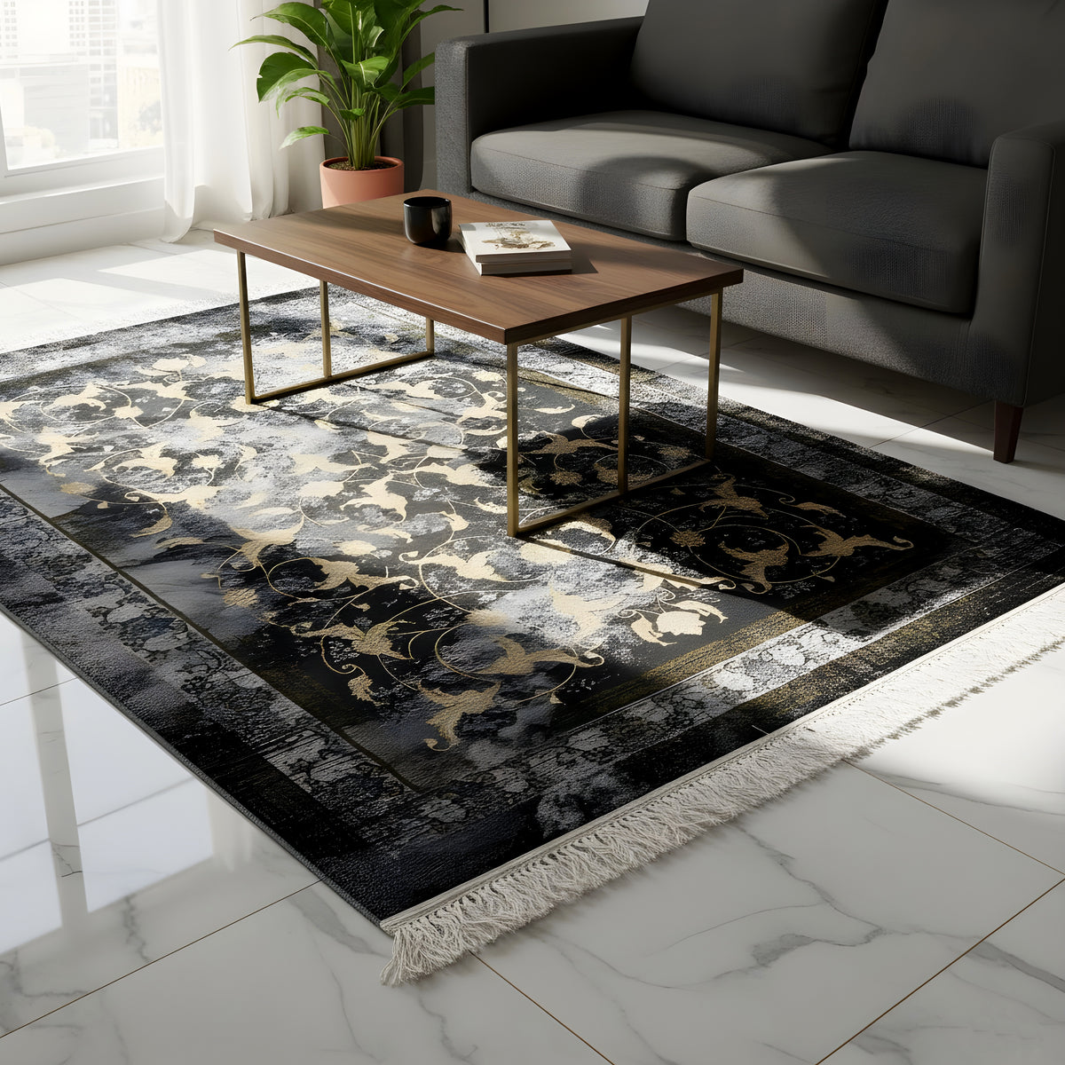 Rug 160x230 cm with a gold-colored Baroque pattern, dark surface, and fringes