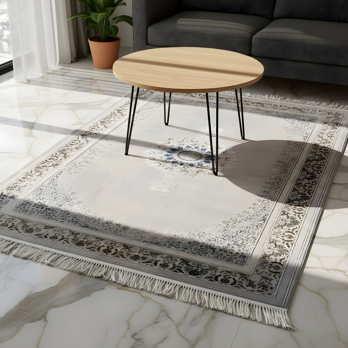 Woven rug 160x230 cm, light gray, with a blue-and-gold medallion, border, and fringes