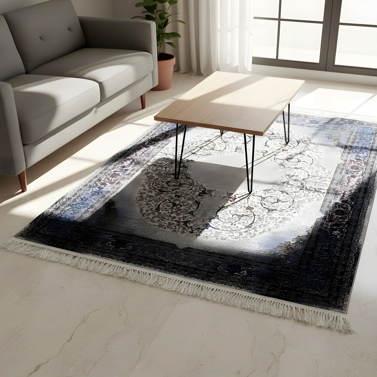 Rug with baroque ornaments in gray and dark blue on a light background, with fringes