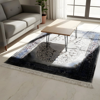 Rug with baroque ornaments in gray and dark blue on a light background, with fringes