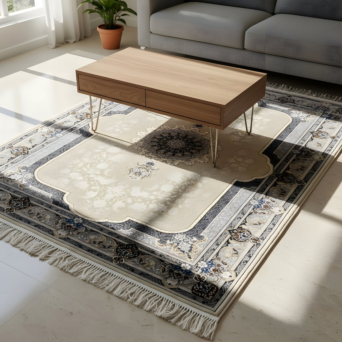Beige rug with blue and gold ornaments and fringes, lying flat on the floor