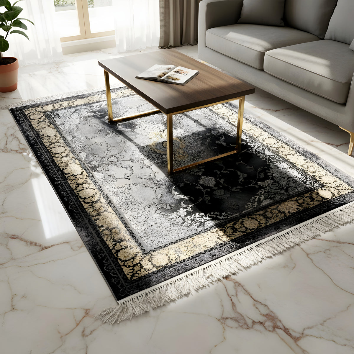Rug with a gray Baroque pattern, gold border, and fringe along the edge