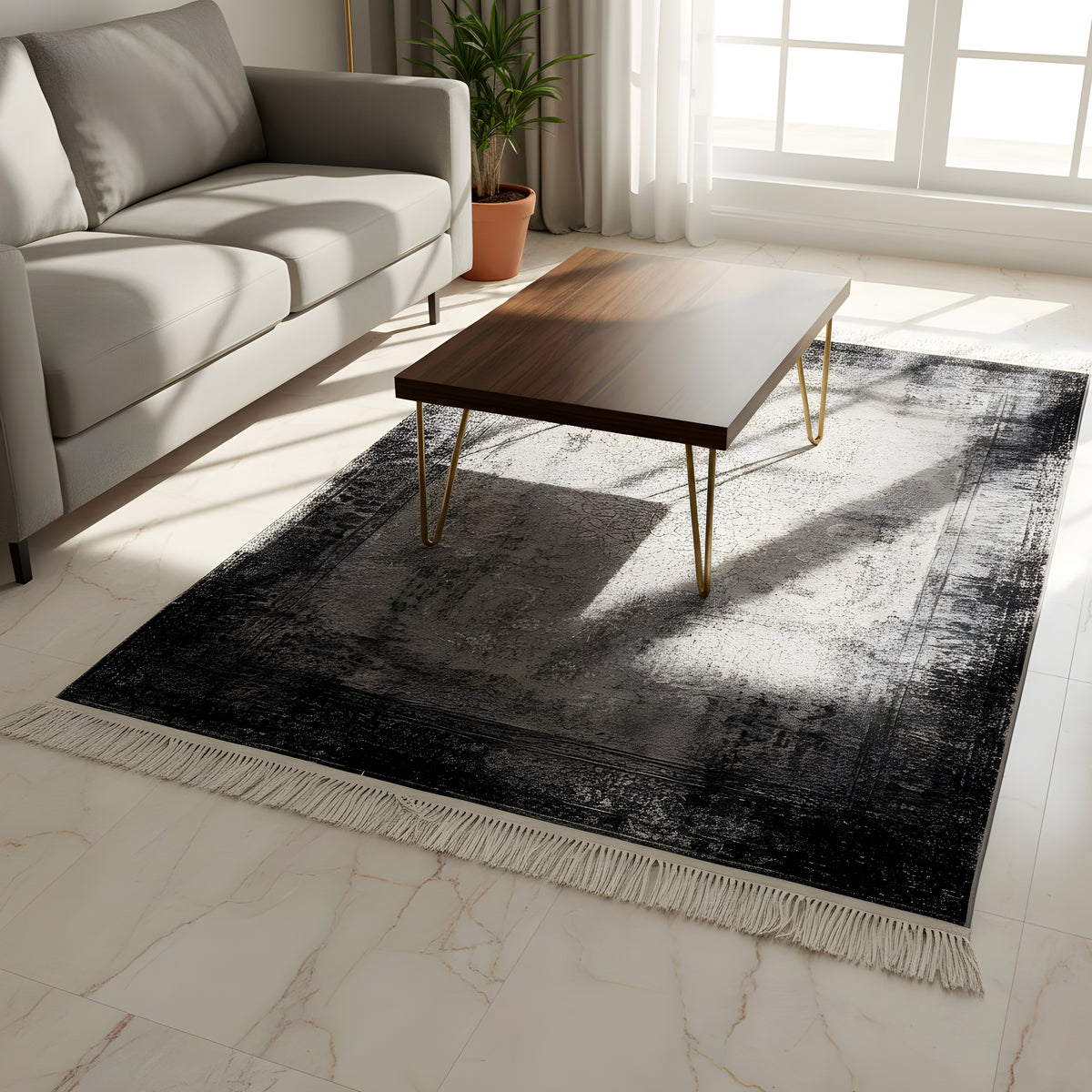 Vintage rug with a dark geometric pattern and fringes, rectangular, for living areas