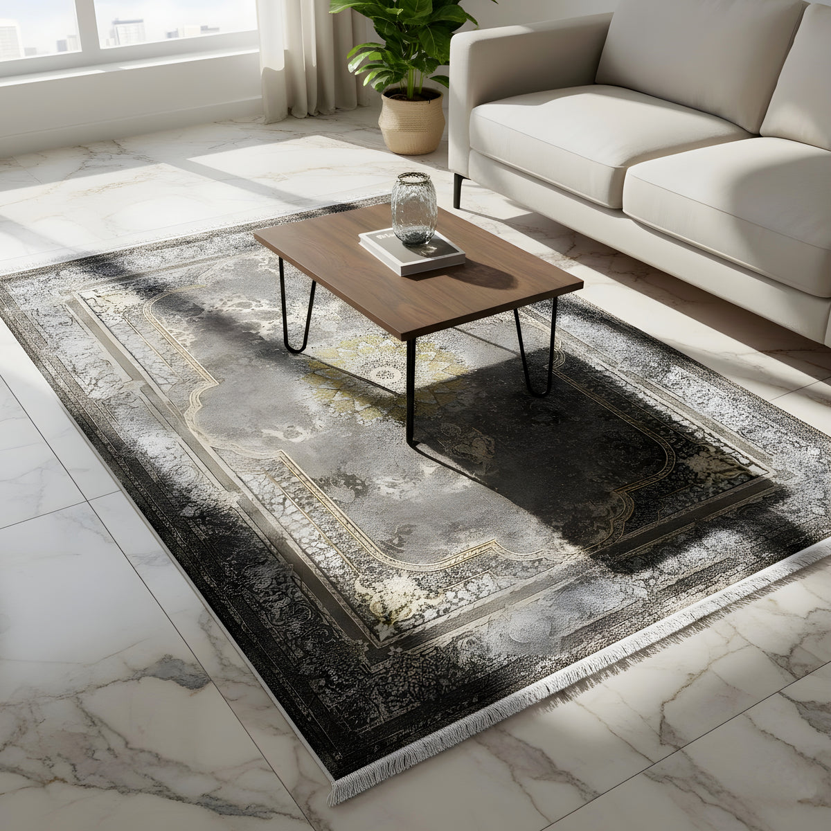 Rug 170x240 cm with vintage pattern, golden border and gray shading