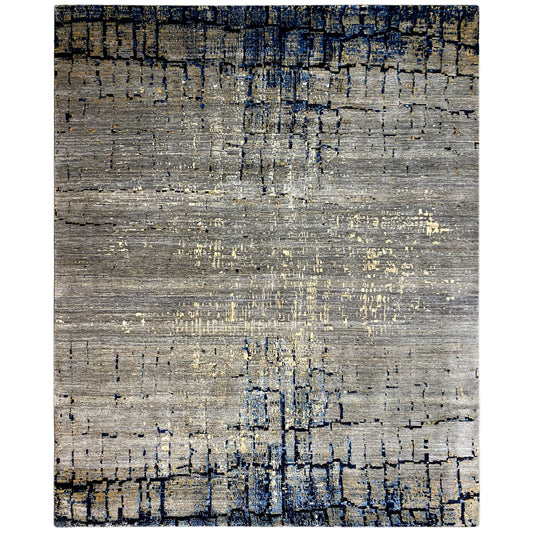 Hand-knotted rug with an abstract pattern, gray-beige and dark blue accents