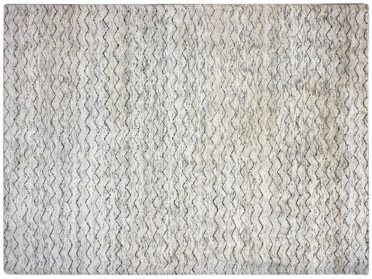 Berber rug with a fine zigzag pattern, light beige and gray waves, rectangular