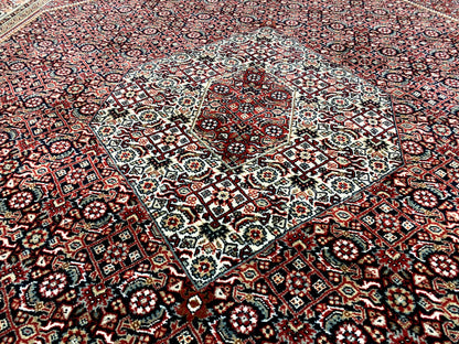 Bidjar rug pattern detail: central medallion with ornaments in red, cream and dark blue