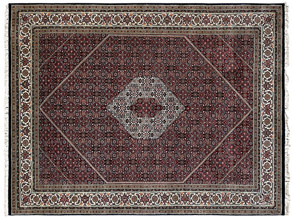 Bidjar rug with border and central medallion, dark red, patterned, square