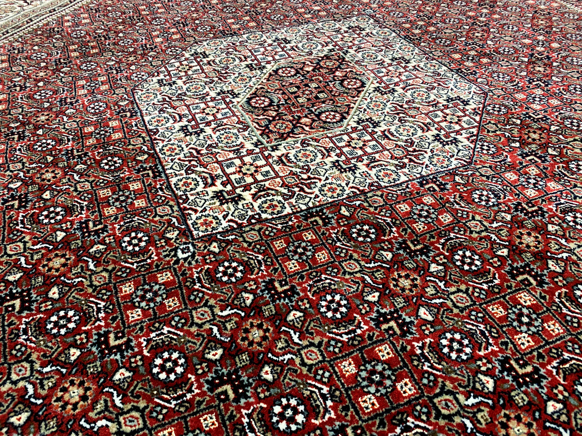 Bidjar carpet detail view: densely patterned border and medallion carpet in red, cream, and blue