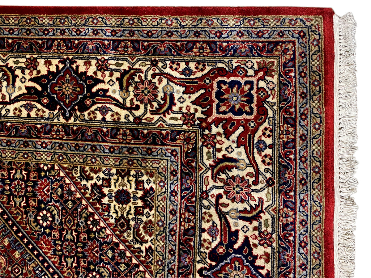 Bidjar rug detail view: red ornamental pattern with colorful vines and border