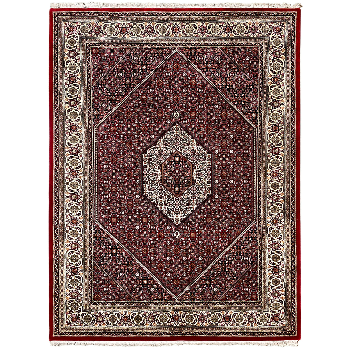 Rug 244x170 cm front view: red field with central medallion and fringes
