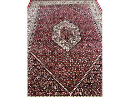 Detail of the red ornamental rug with a central medallion and diagonal borders