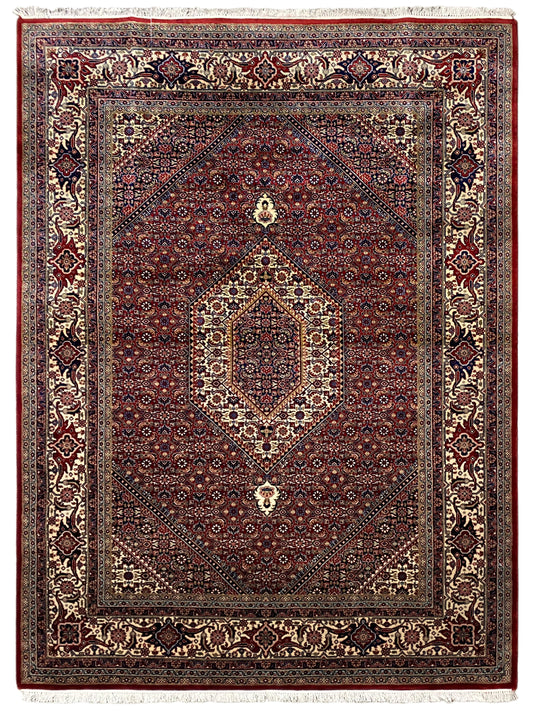 Red Bidjar rug with a dark field, symmetrical medallion, and decorative border