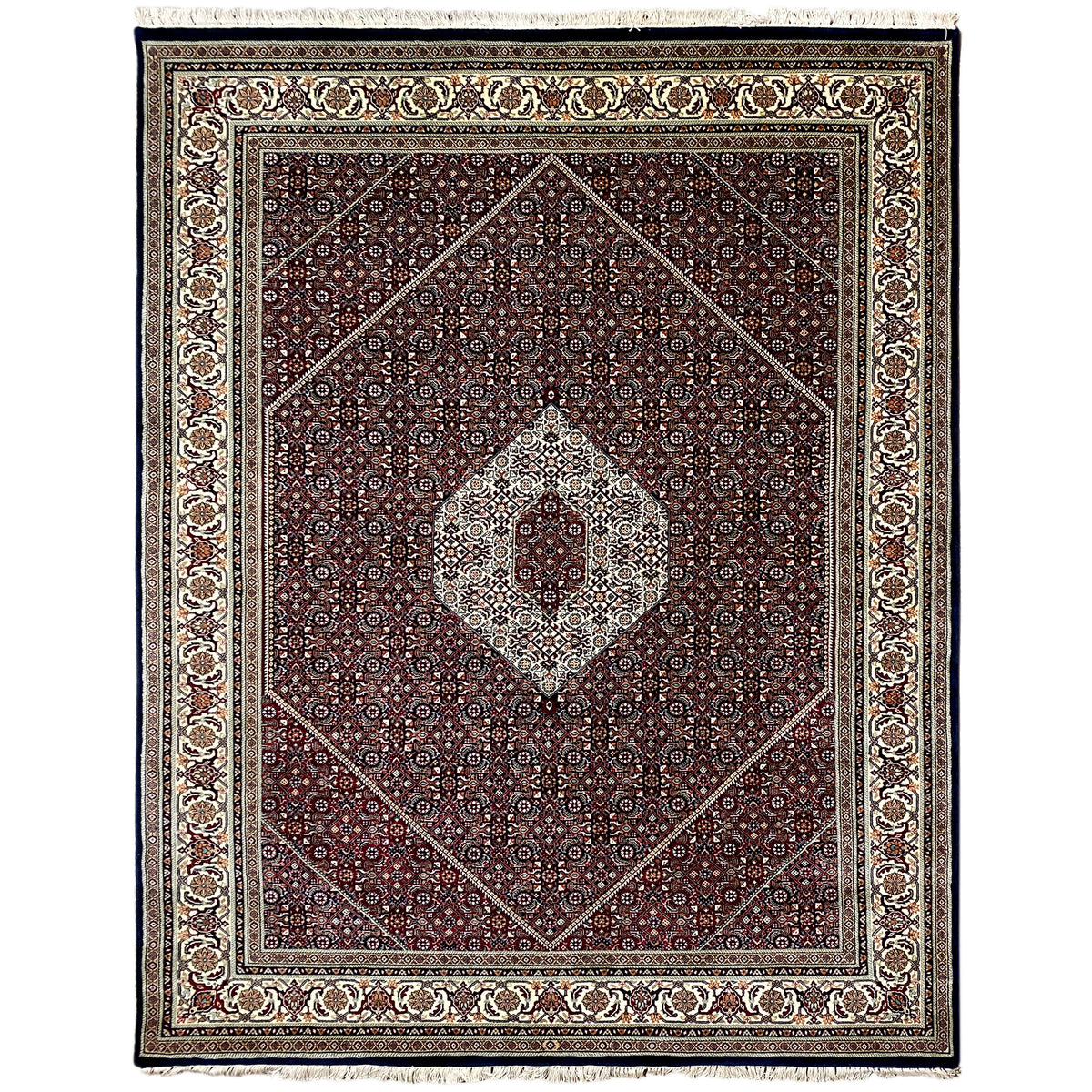 Bidjar rug with a square medallion, red ornaments on a dark background