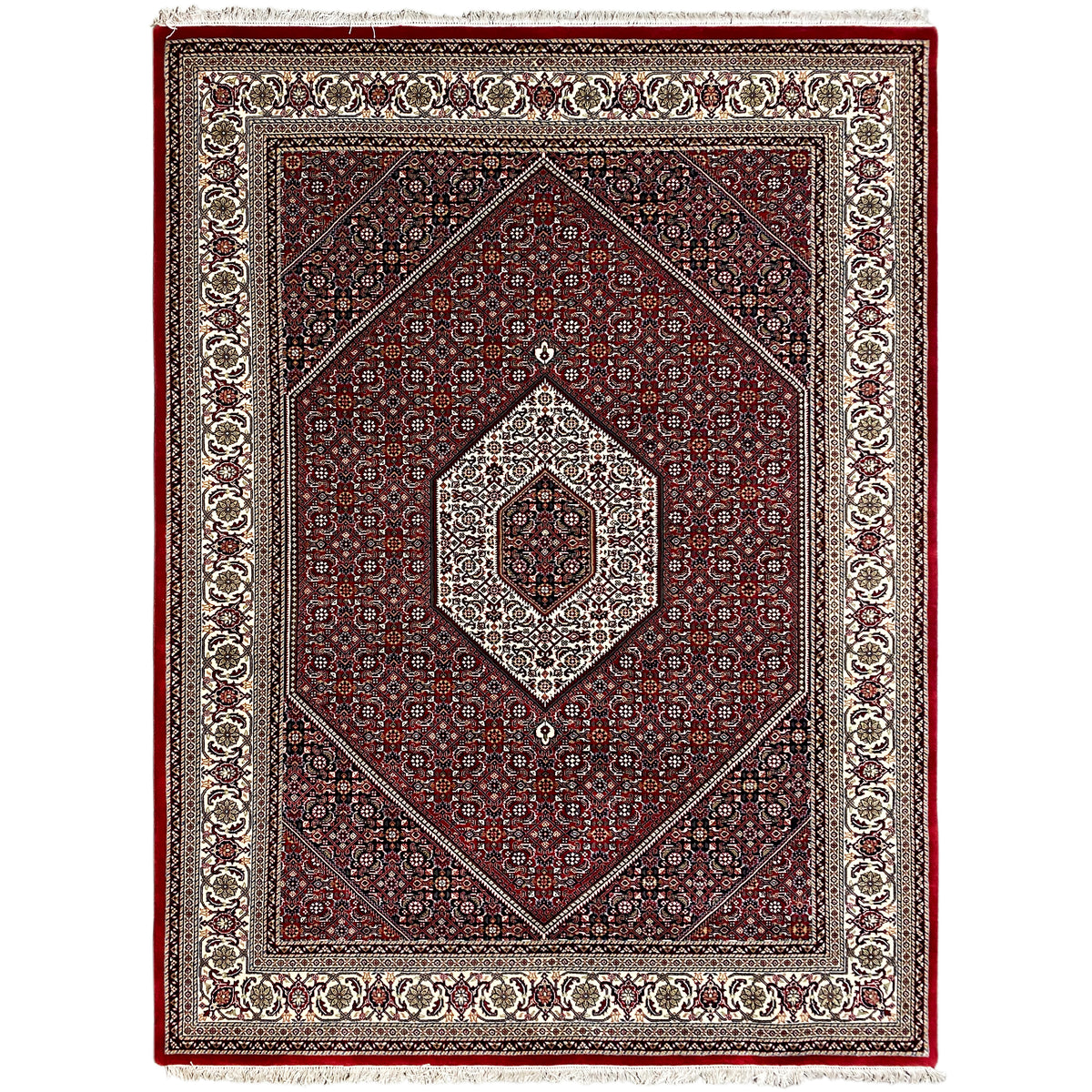 Red Bidjar rug with diamond design, decorative border and fringes, approx. 244x173 cm