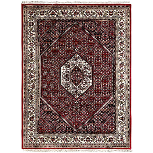 Red Bidjar rug with diamond design, decorative border and fringes, approx. 244x173 cm