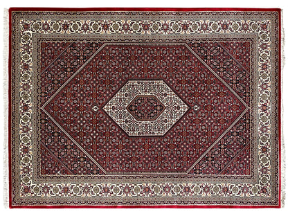 Reddish-brown rug with Bidjar ornaments, a wide decorative border, and a rectangular pattern