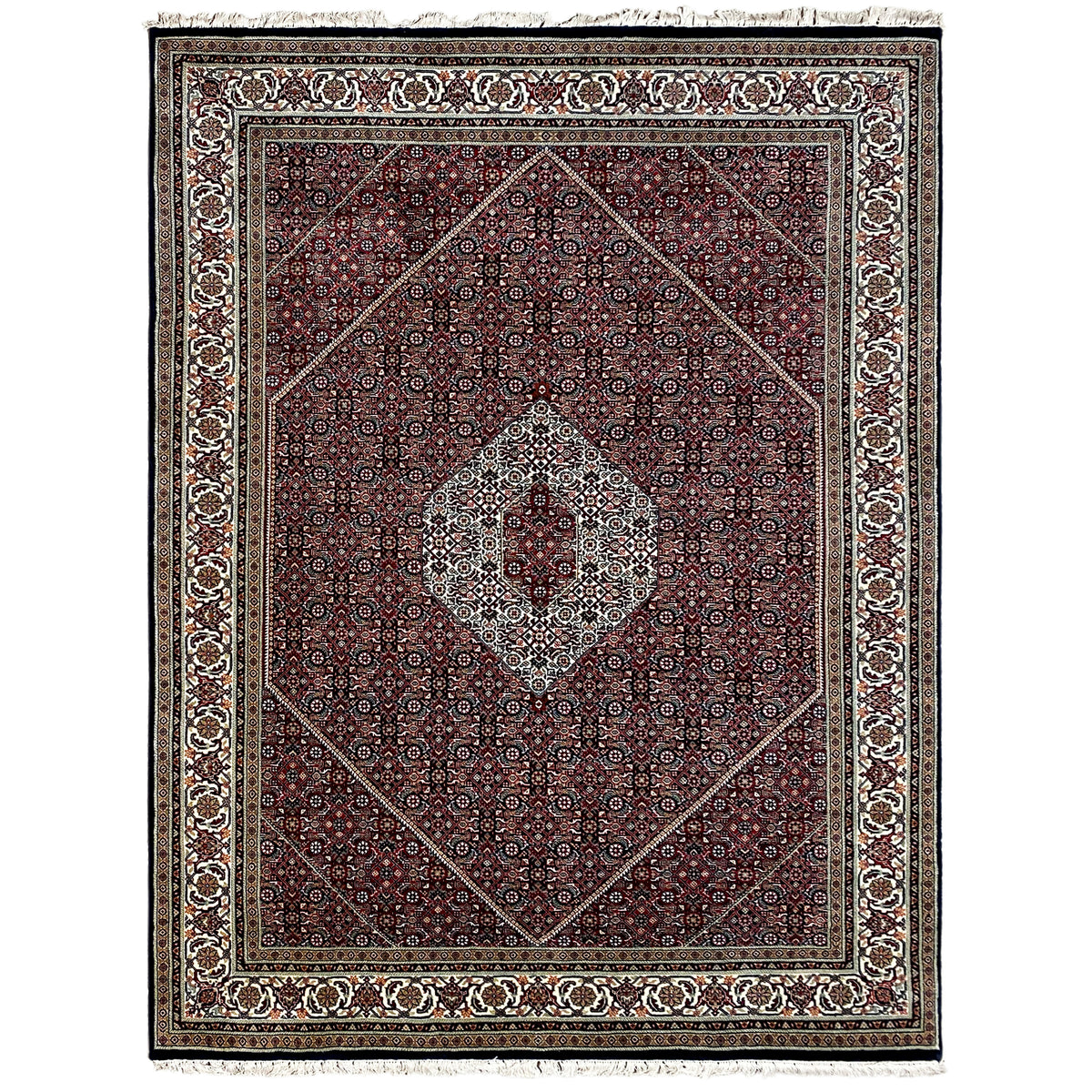Bidjar rug with dark red, a fine border, and a central medallion, square