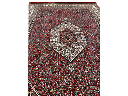 Bidjar carpet front view with a red ornamental field, a light medallion, and a wide border