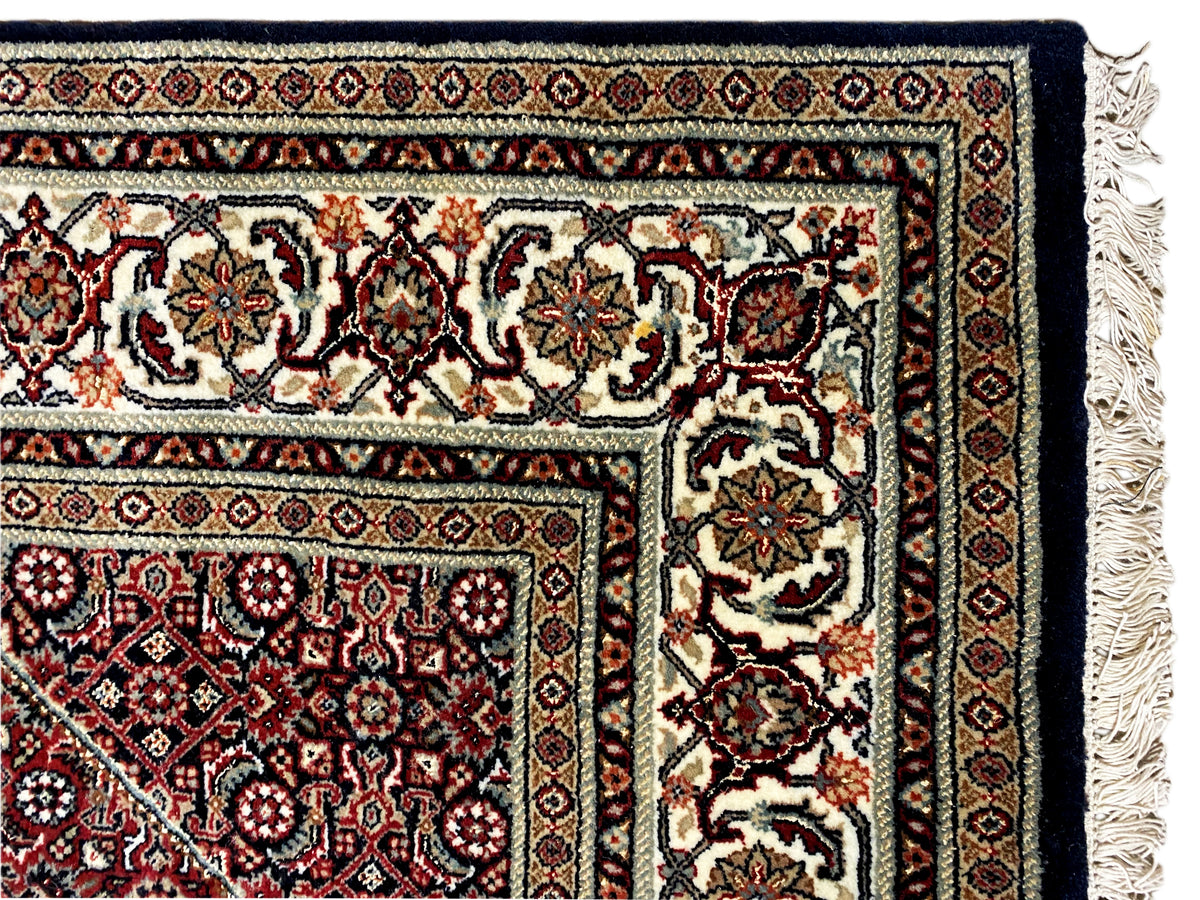 Bidjar rug detail of the border with fringes and ornamental motifs, dark and cream