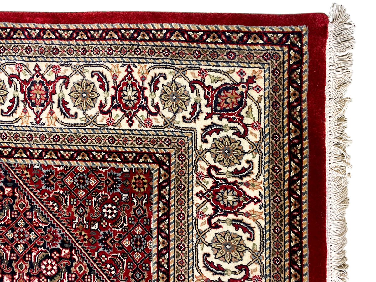 Close-up: border pattern on the edge of the rug with red and cream fringes