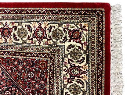Rug corner with red border, ornamental field, and white fringed edge