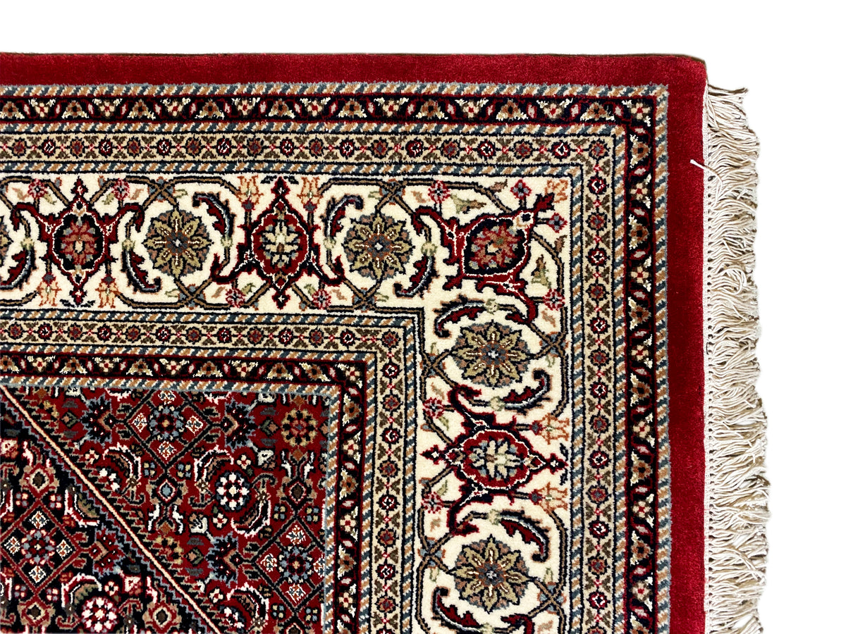Detailed view: red Bidjar rug with a delicate pattern and curled fringes along the edge