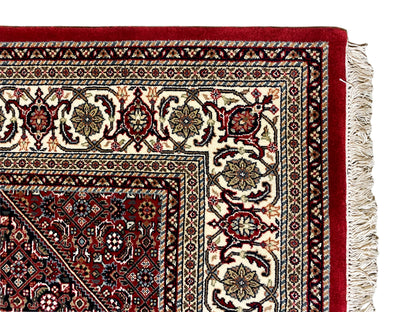 Detailed view: red Bidjar rug with a delicate pattern and curled fringes along the edge