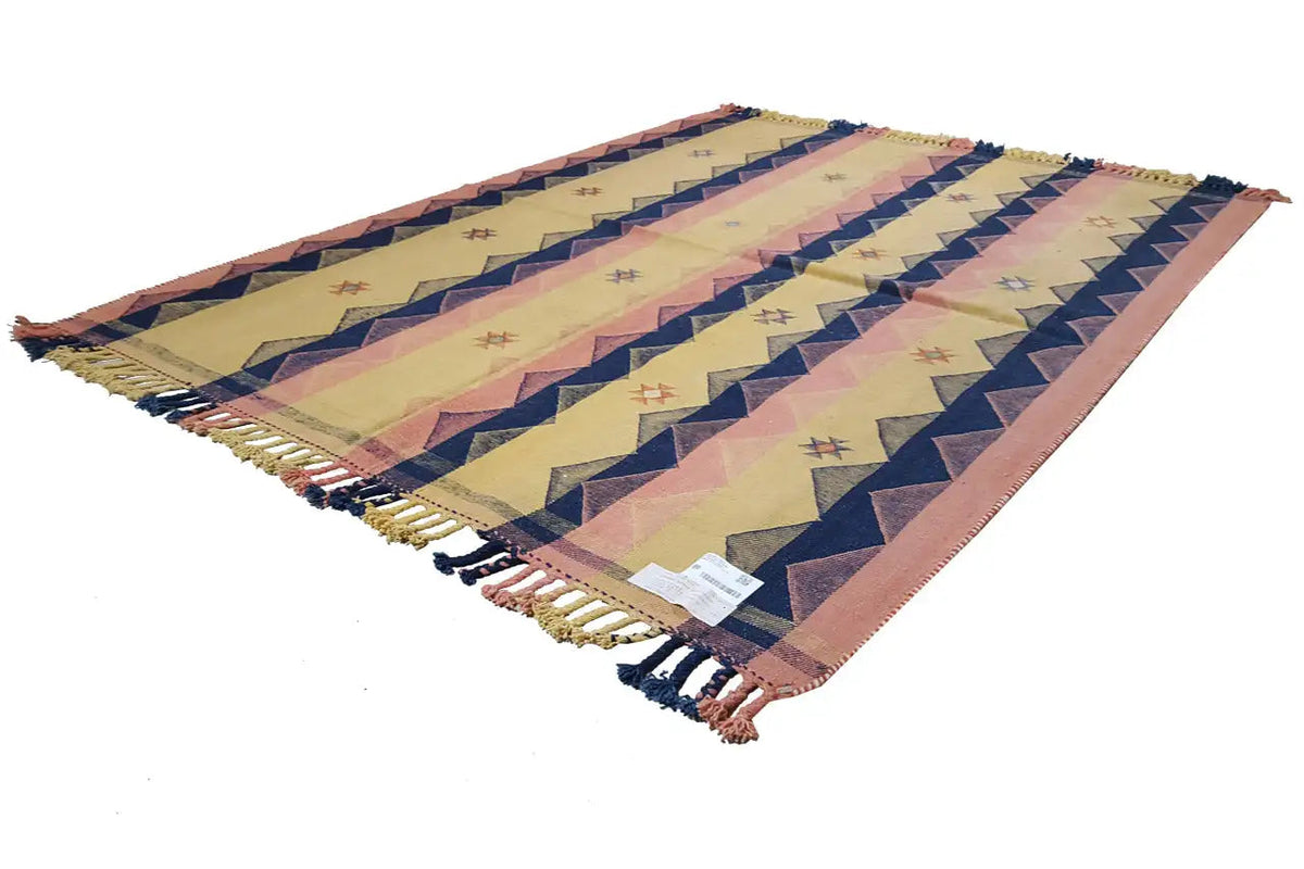 Rug 217x172 cm from the side: geometric stripes in blue, yellow, and terracotta