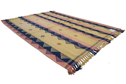 Rug 217x172 cm diagonal: zigzag stripes in blue, yellow and terracotta, with fringes