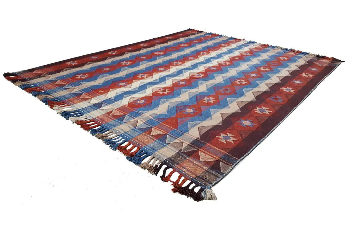 Jajim exclusive rug 207x177 cm: red, blue and beige pattern with fringe at the corner
