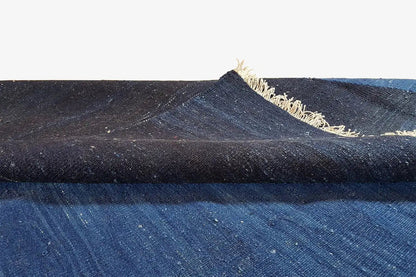 Close-up of rug edge: dark blue fabric with a beige fringed trim