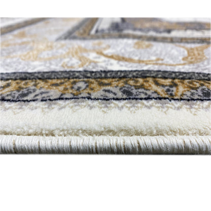 Rug edge with ornamental border and fringes, cream-colored base surface