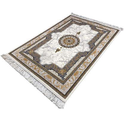 Rug with a cream-colored openwork pattern, dark border, and fringes, 160×230 cm