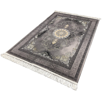 Kashan rug 160x230 cm, gray ornamental pattern with gold-colored accents