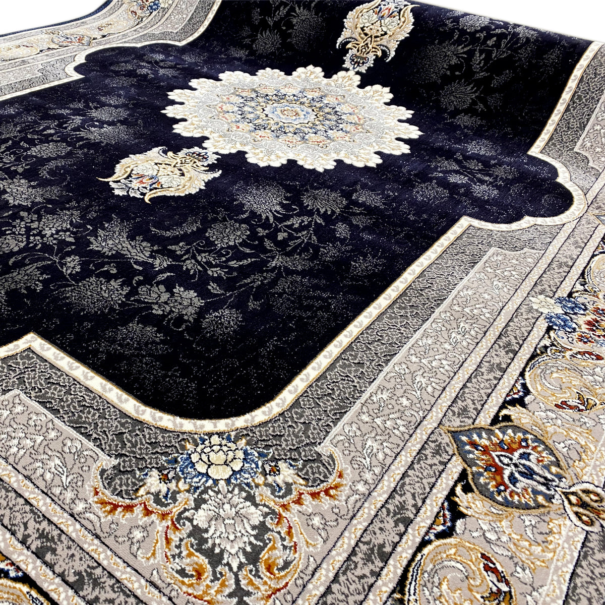 Detailed view: Black rug with patterned flowers, floral ornaments, and borders