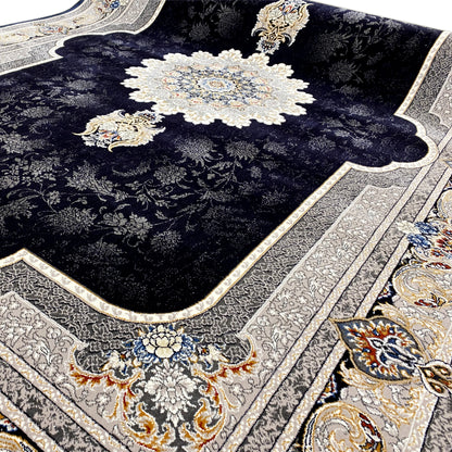 Detailed view: Black rug with patterned flowers, floral ornaments, and borders