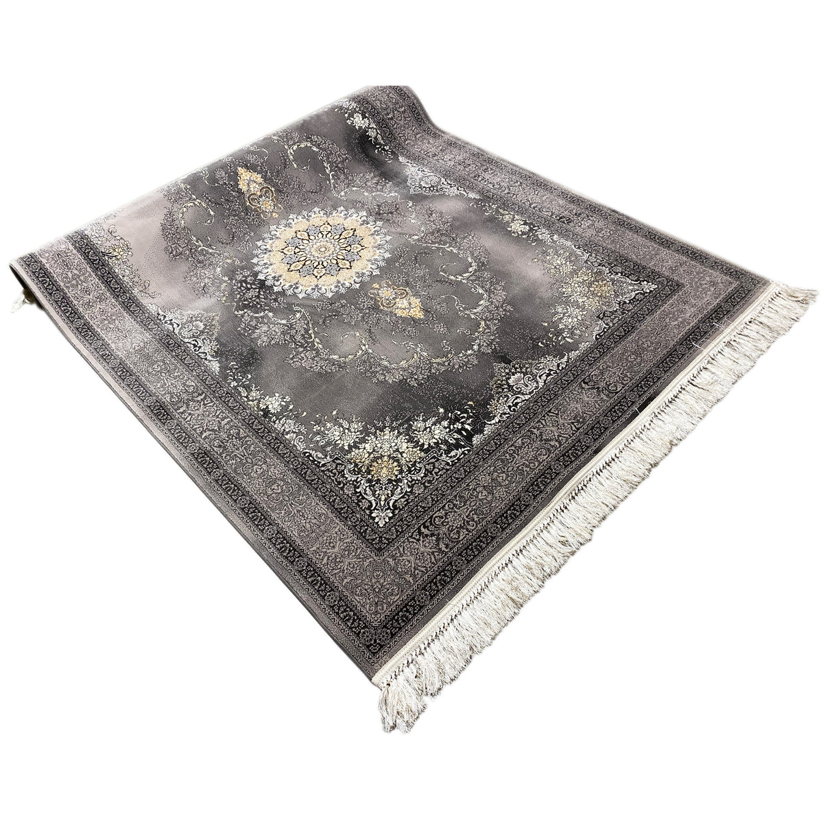 Corner view Kashan rug 160x230 cm: gray medallion, dark contrasting border