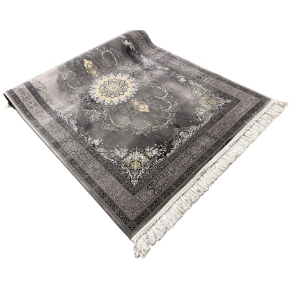 Corner view Kashan rug 160x230 cm: gray medallion, dark contrasting border