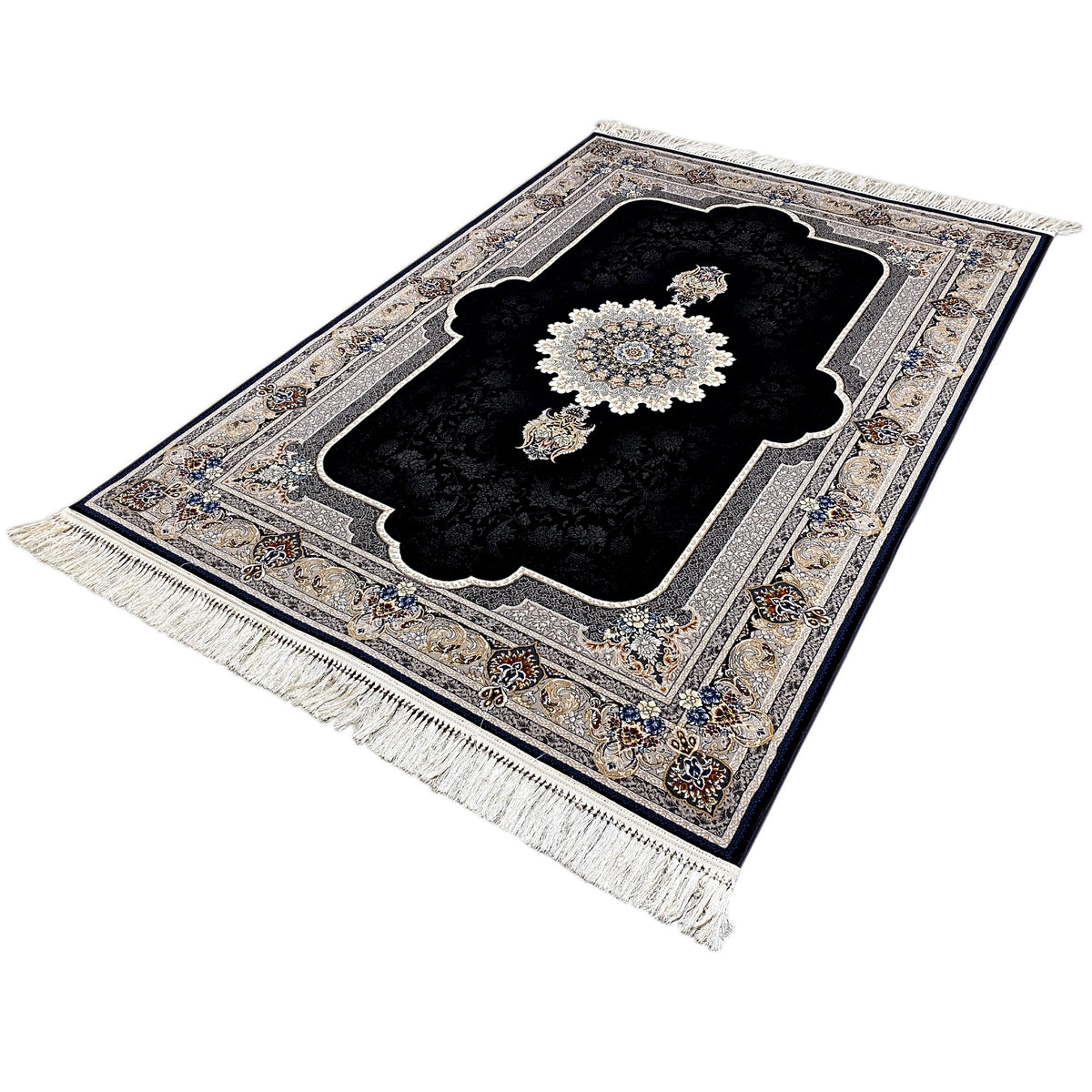 Black rug with a rectangular border, laced frame, and fringes