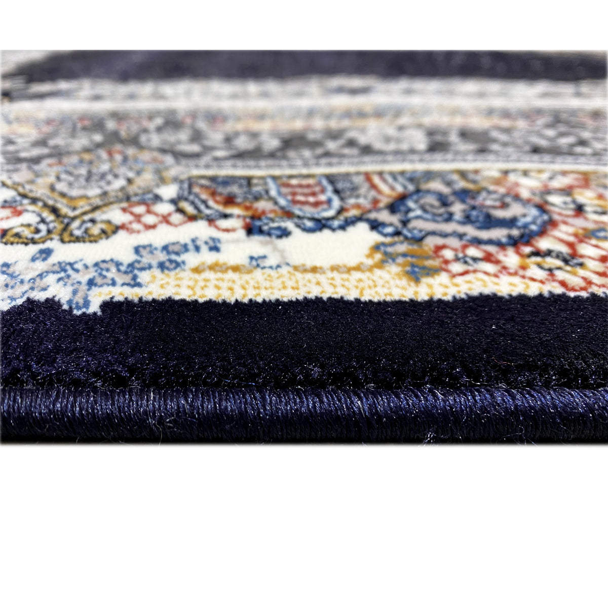 Rug border with dark pile and fringe trim, all-over pattern