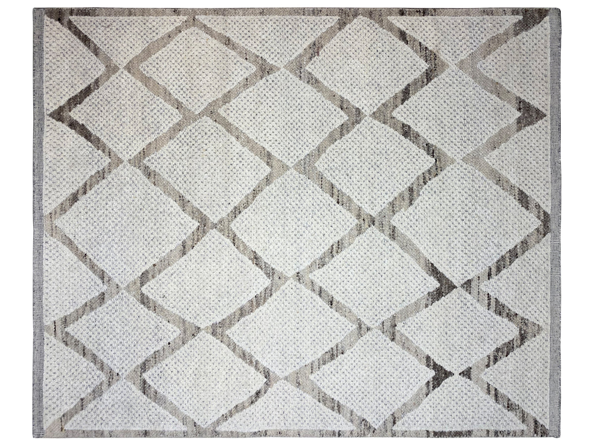Rectangular Berber rug with zigzag and cube patterns in beige and gray