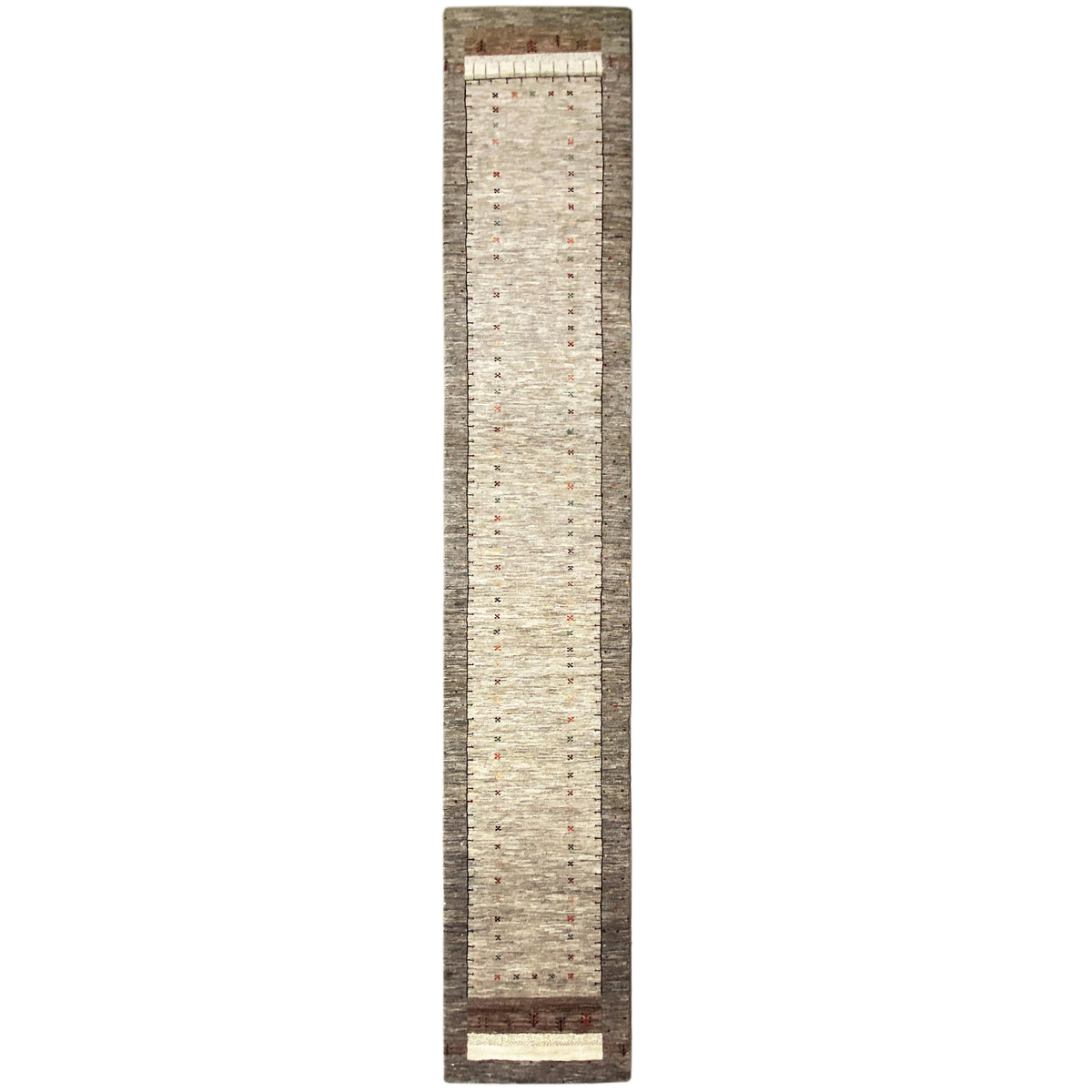 Narrow, long Gabbeh runner: light center with fine flecks of color, dark border