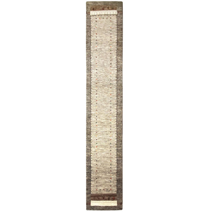 Narrow, long Gabbeh runner: light center with fine flecks of color, dark border
