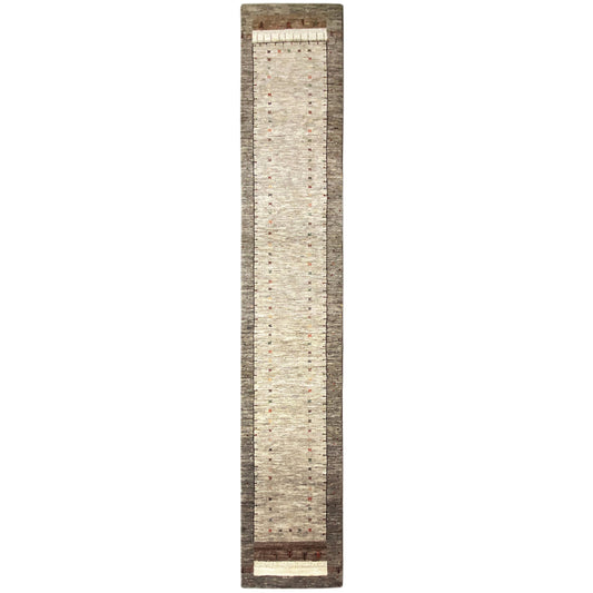 Narrow, long Gabbeh runner: light center with fine flecks of color, dark border