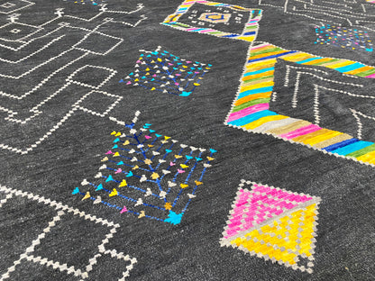 Close-up: black rug with white zigzag lines and colorful diamond patterns