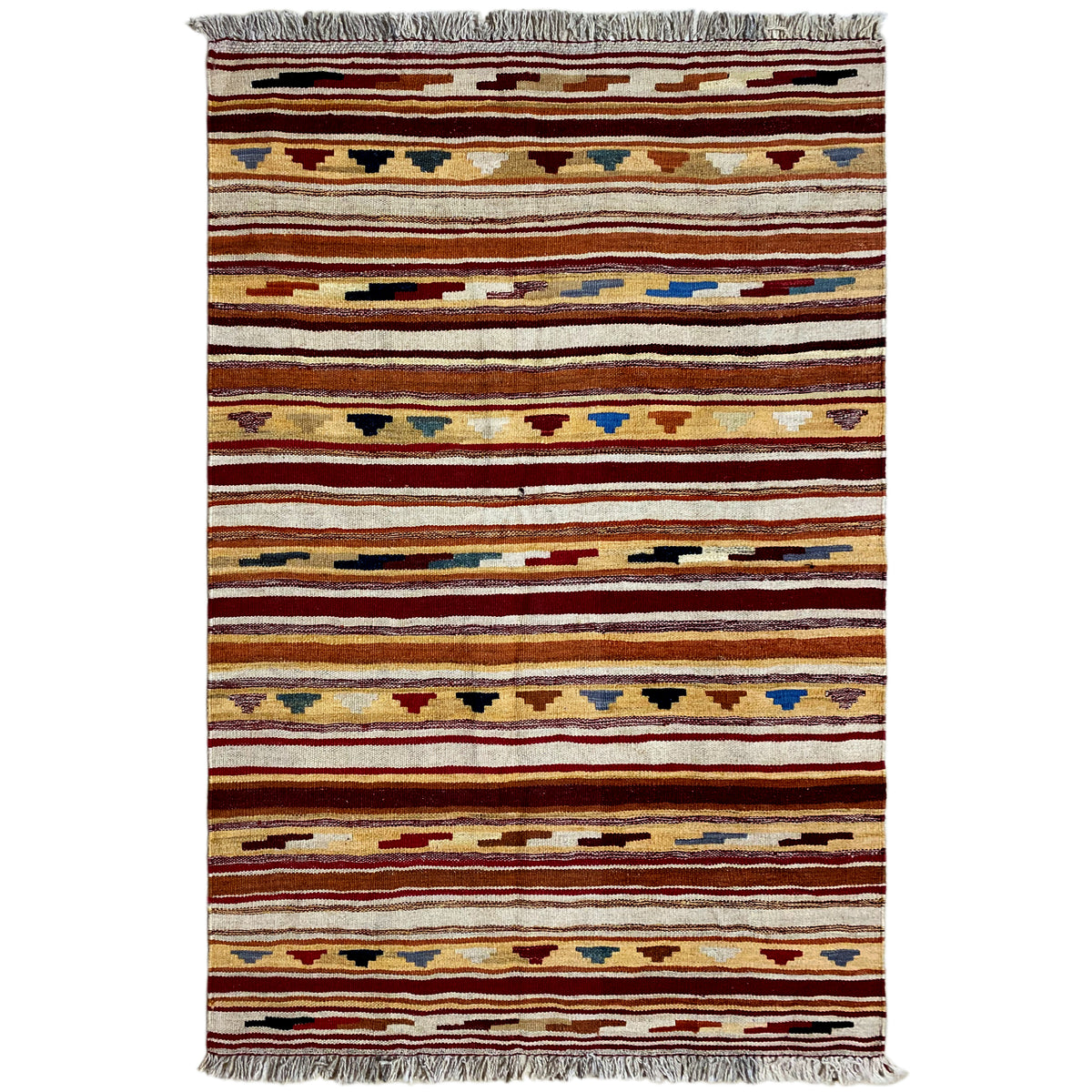 Kilim rug with horizontal stripes and ornamental bands, tassels visible at the bottom