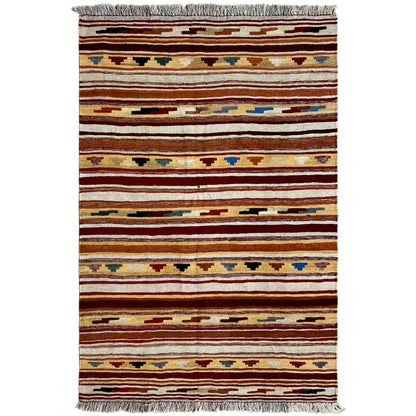 Kilim rug with horizontal stripes and ornamental bands, tassels visible at the bottom
