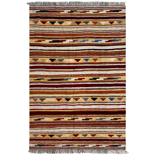 Kilim rug with horizontal stripes and ornamental bands, tassels visible at the bottom